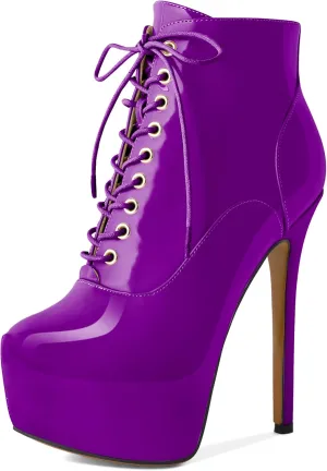 AUMOTED Women's Ankle Boots Platform Round Toe Combat Boots Stiletto High Heel Booties Sexy Fashion 6.3" Lace Up Zipper Warm Short Boots