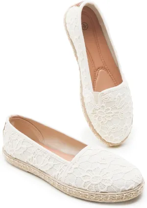 BABUDOG Women's Black Flats with Flower Embroideried,White Lace Ballet Flats,Comfortable Dress Flats