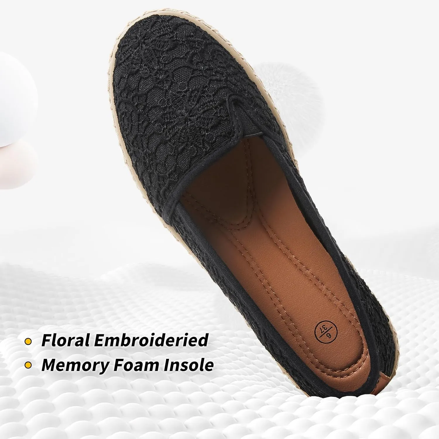 BABUDOG Women's Black Flats with Flower Embroideried,White Lace Ballet Flats,Comfortable Dress Flats