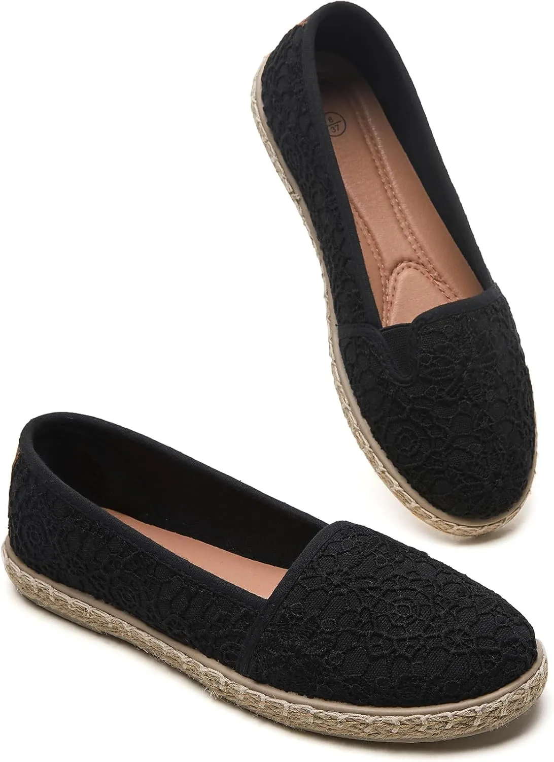 BABUDOG Women's Black Flats with Flower Embroideried,White Lace Ballet Flats,Comfortable Dress Flats