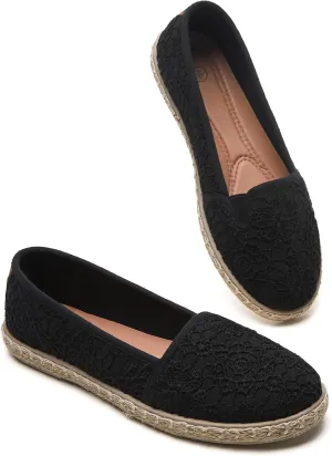 BABUDOG Women's Black Flats with Flower Embroideried,White Lace Ballet Flats,Comfortable Dress Flats
