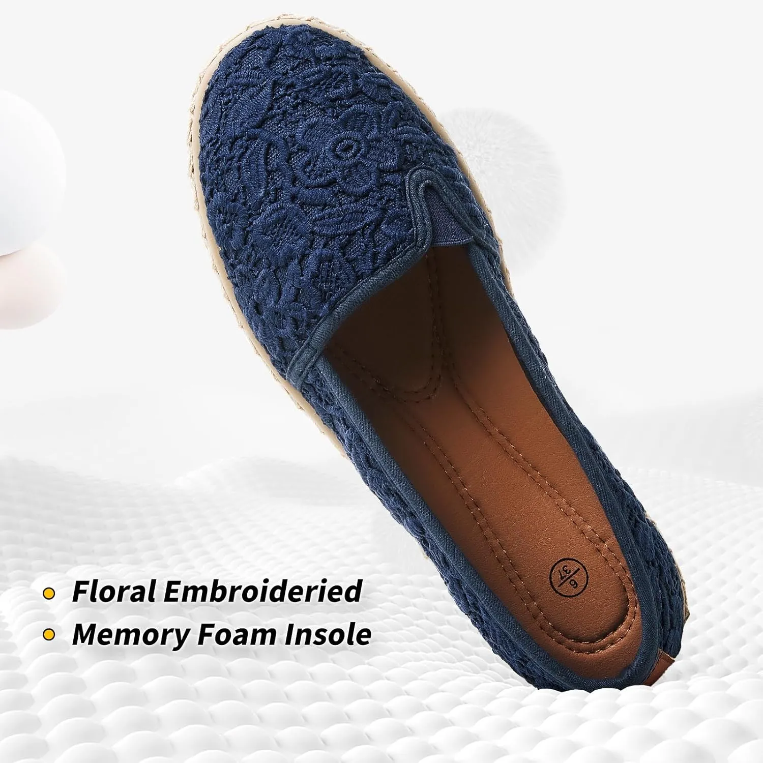 BABUDOG Women's Black Flats with Flower Embroideried,White Lace Ballet Flats,Comfortable Dress Flats