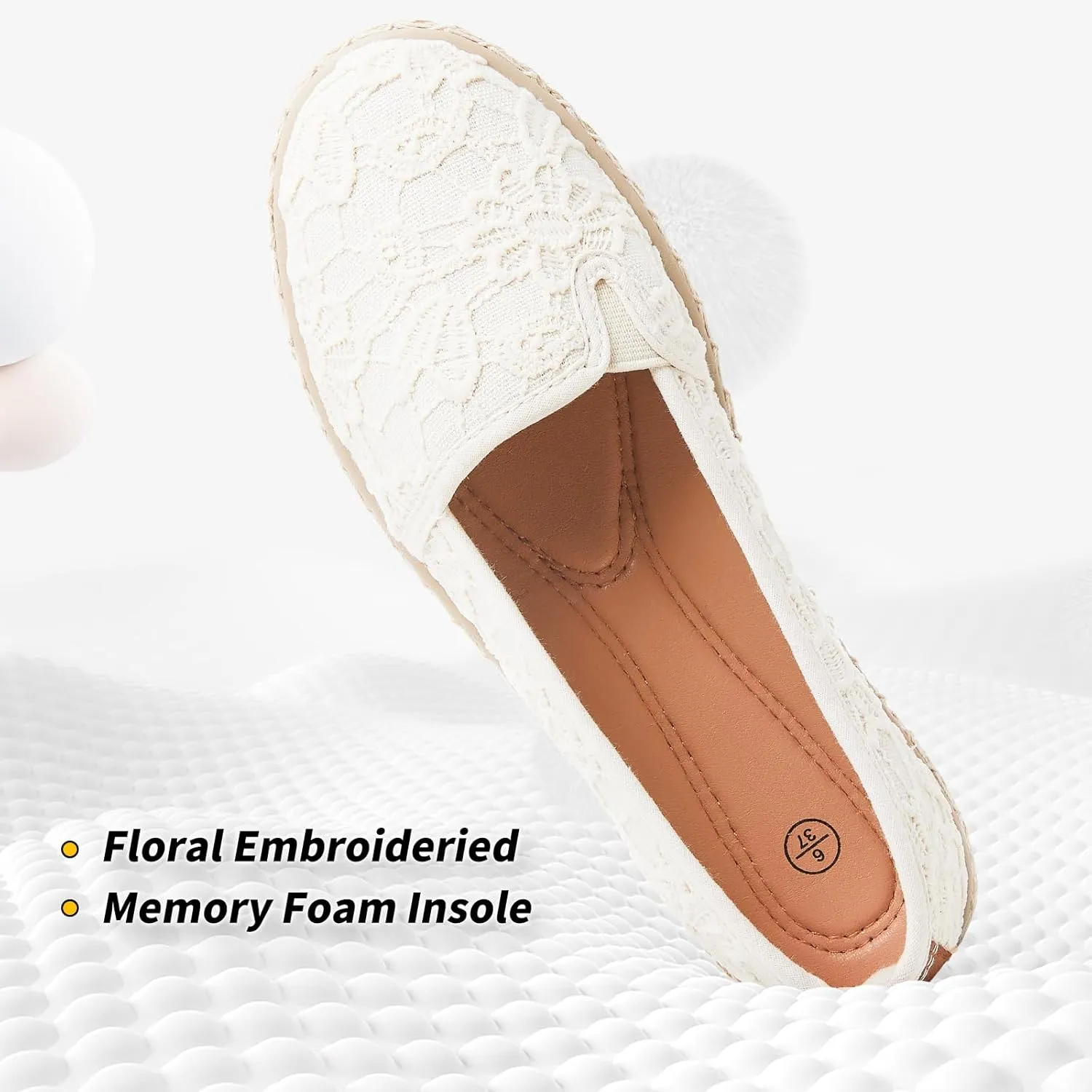BABUDOG Women's Black Flats with Flower Embroideried,White Lace Ballet Flats,Comfortable Dress Flats