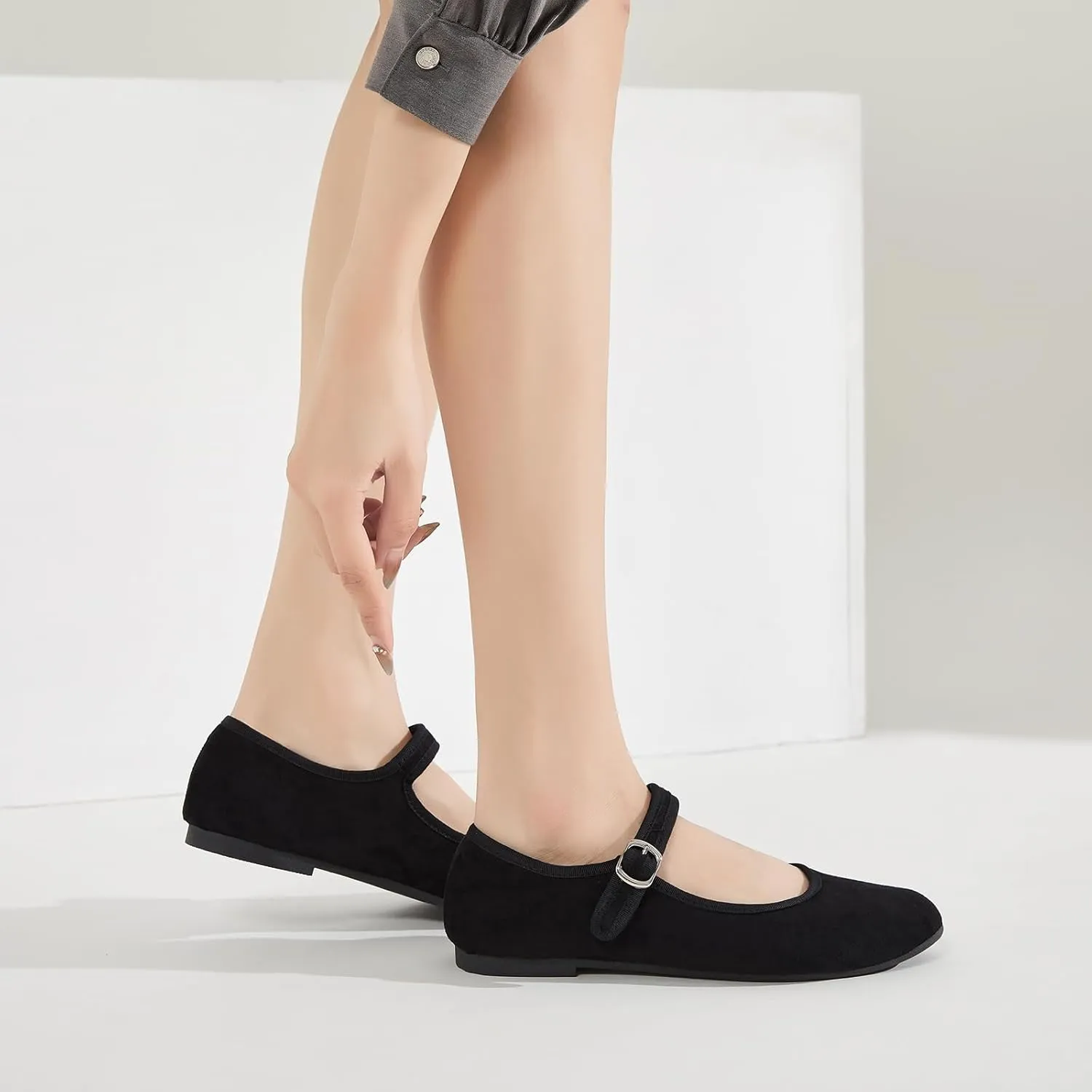 BABUDOG Womens Mary Jane Flats with Strap,Black Flats Shoes Dressy Comfortable,Ballet Flats for Women