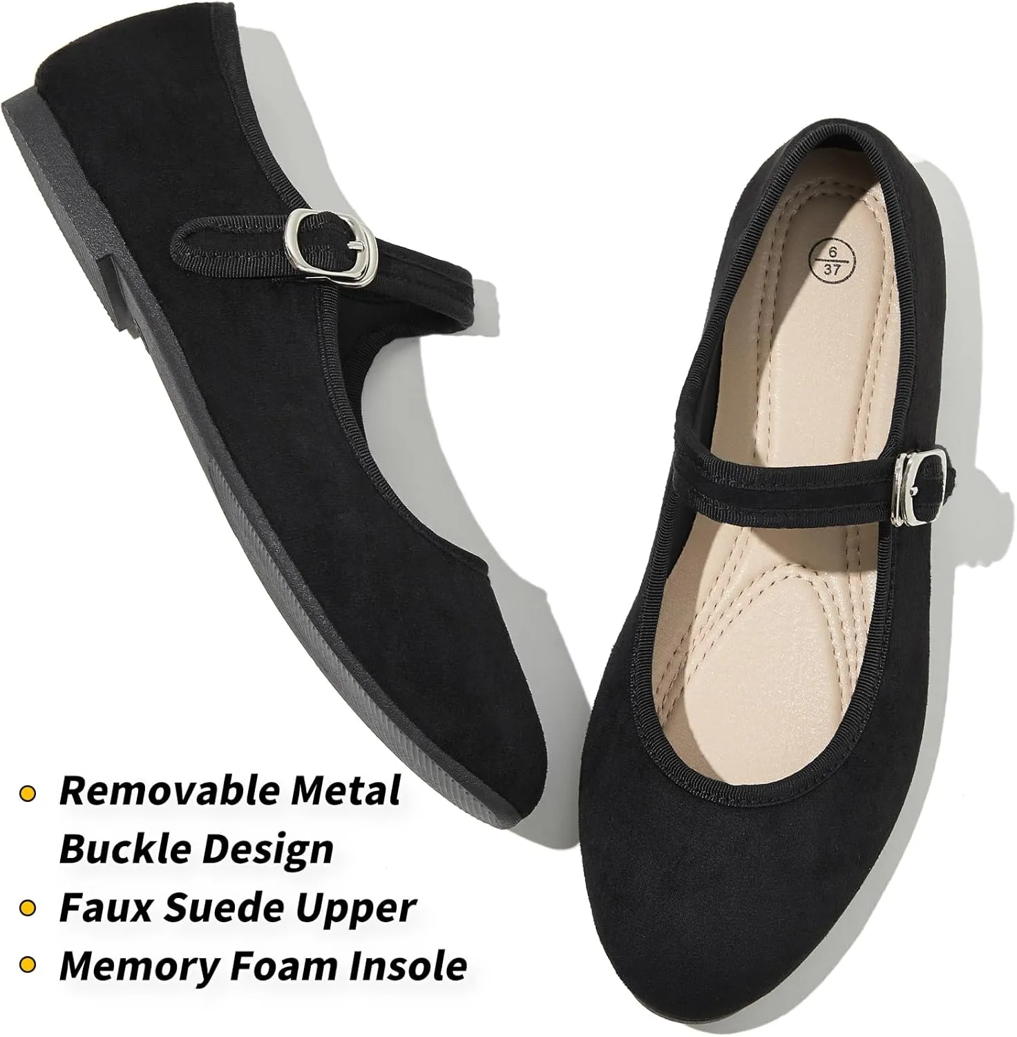 BABUDOG Womens Mary Jane Flats with Strap,Black Flats Shoes Dressy Comfortable,Ballet Flats for Women