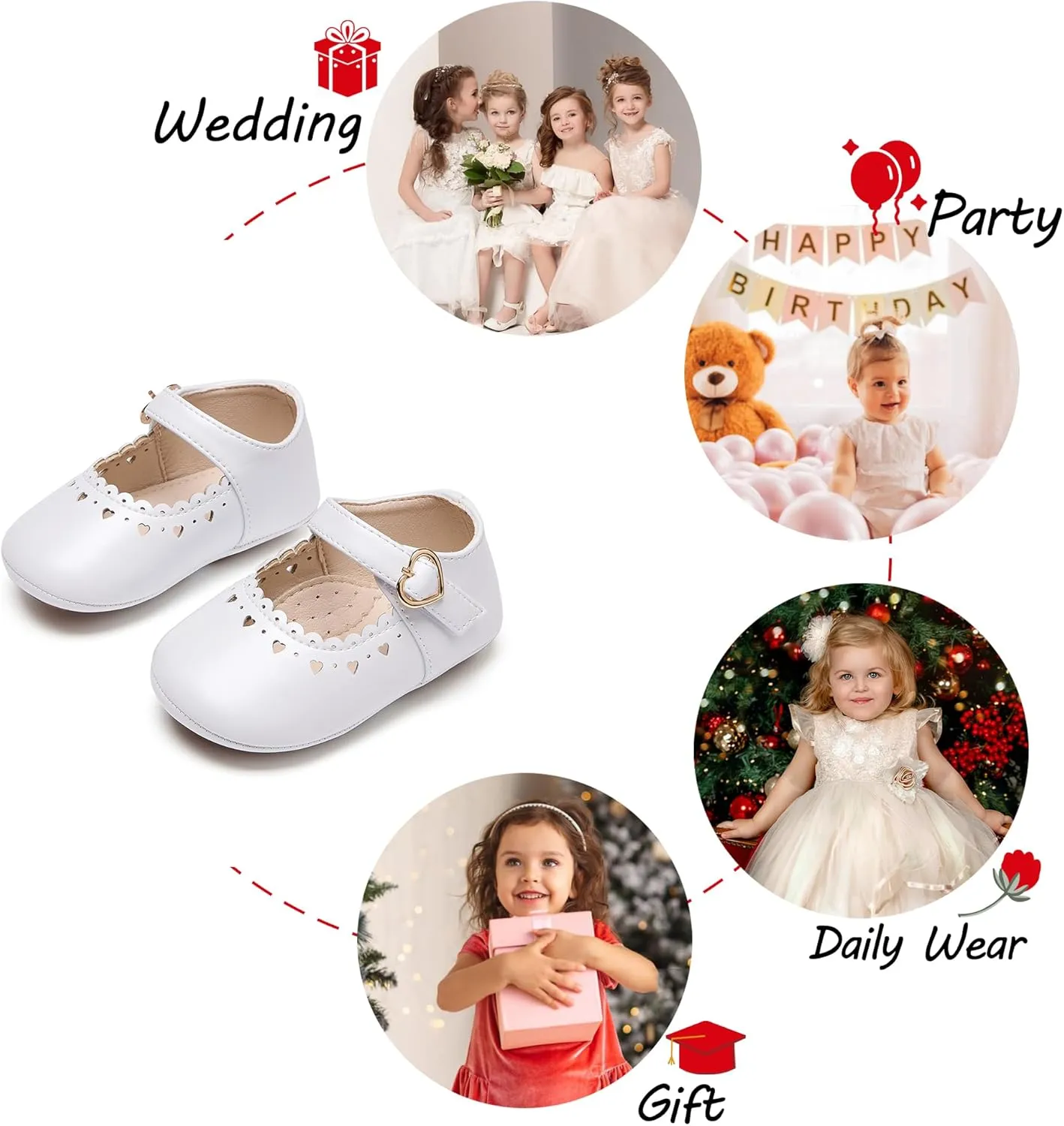 Baby Girls Mary Jane Flats - Infant Newborn Walking Shoes Soft Rubber Sole Princess Wedding