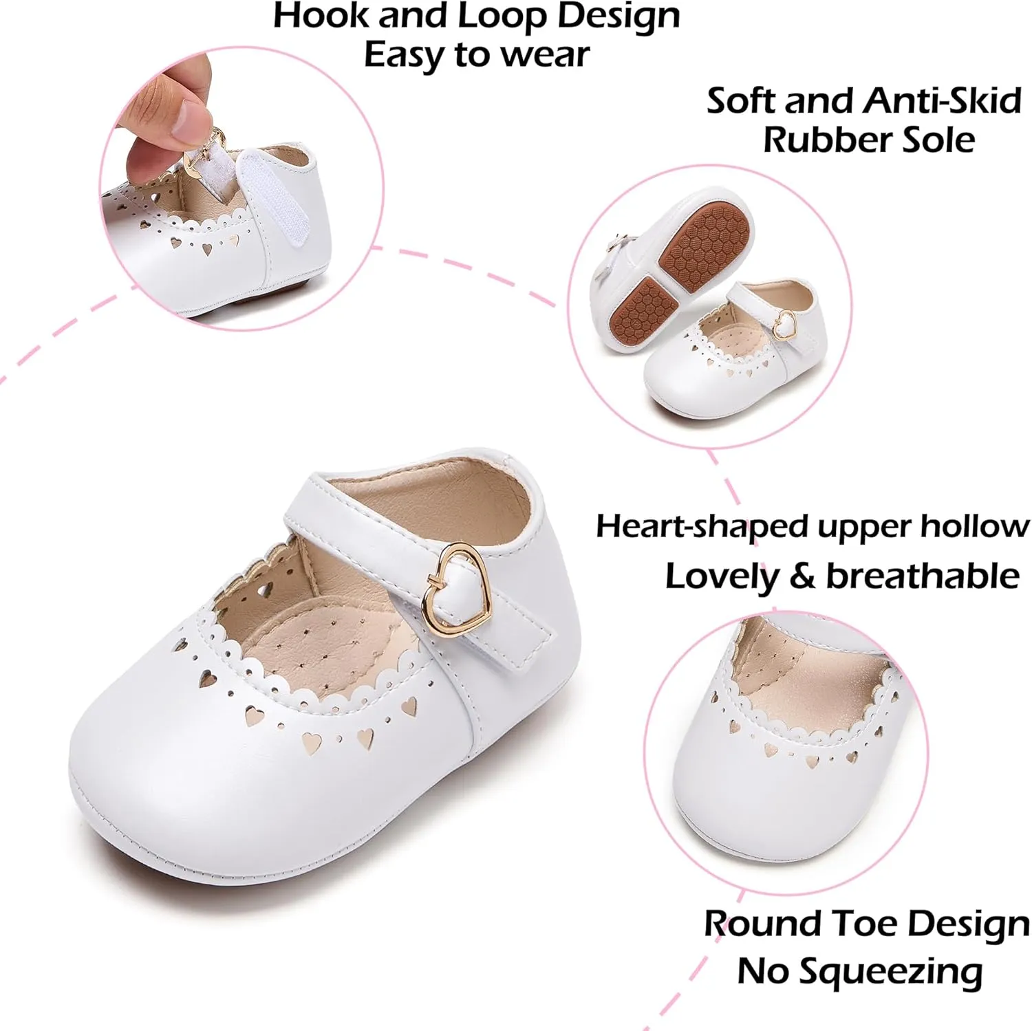 Baby Girls Mary Jane Flats - Infant Newborn Walking Shoes Soft Rubber Sole Princess Wedding