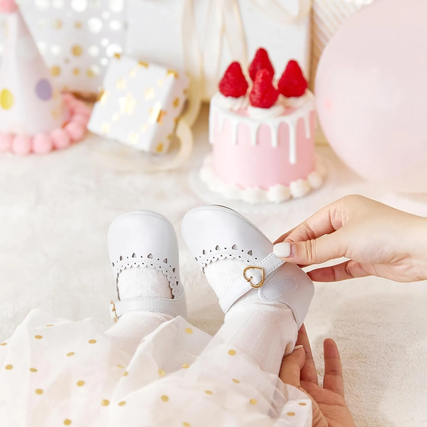 Baby Girls Mary Jane Flats - Infant Newborn Walking Shoes Soft Rubber Sole Princess Wedding