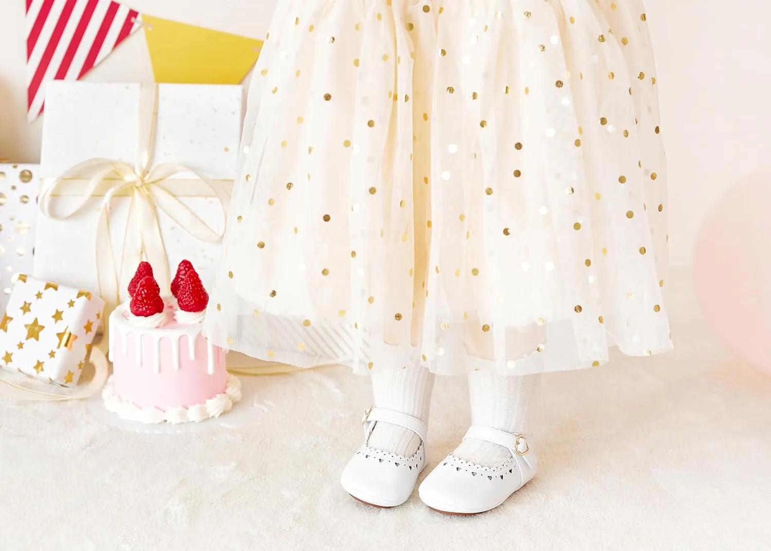 Baby Girls Mary Jane Flats - Infant Newborn Walking Shoes Soft Rubber Sole Princess Wedding