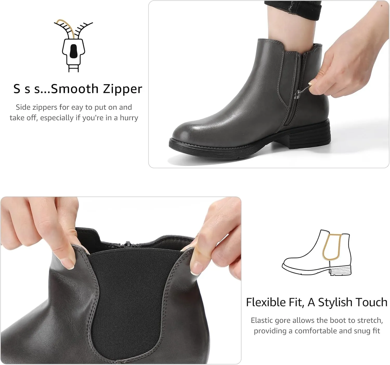 Bacia Womens Ankle Boots Low Heel Chelsea Boots Fall Short Booties with Side Zipper