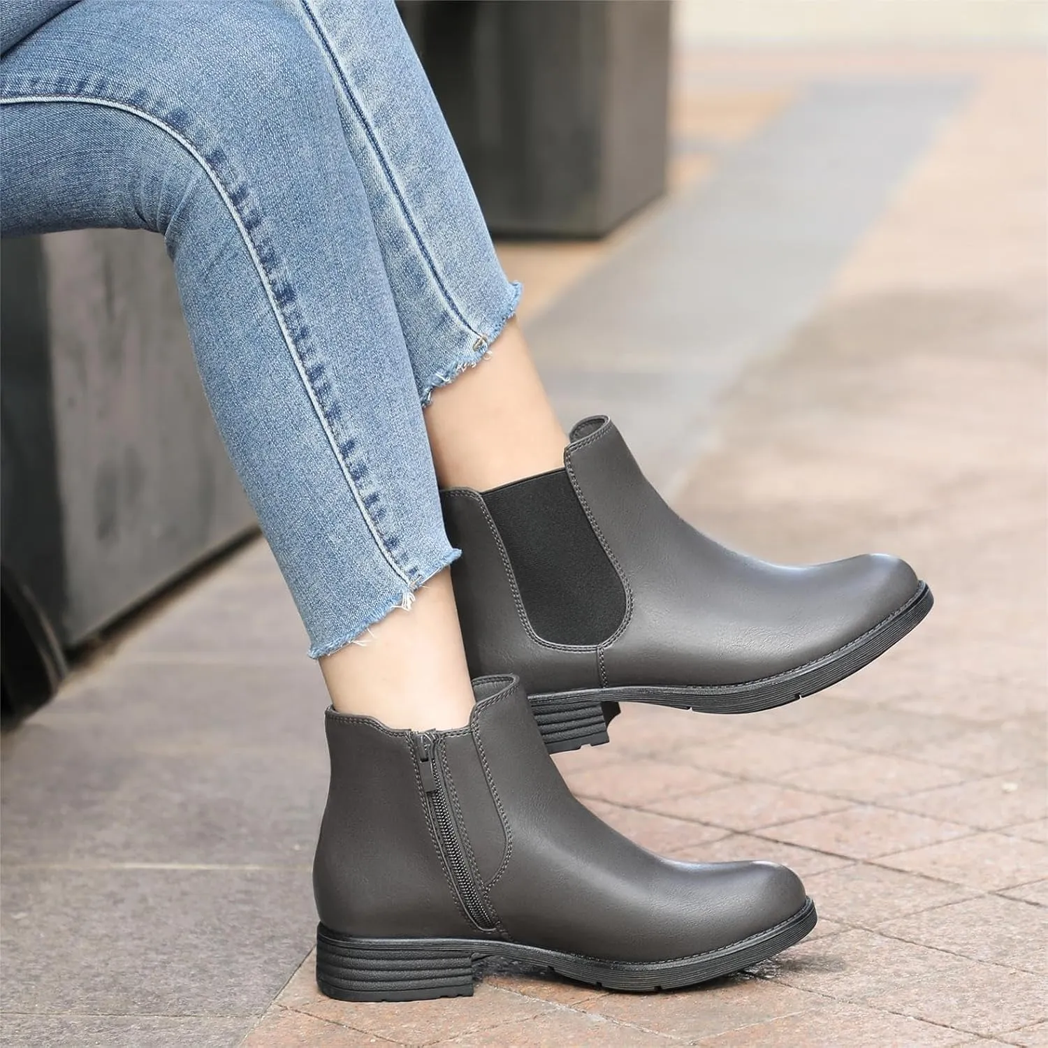 Bacia Womens Ankle Boots Low Heel Chelsea Boots Fall Short Booties with Side Zipper