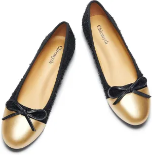 Ballet Flats for Women;Round Toe Mary Jane;Soft Leather Geometric Patterns Dressy Flats;Bowknot Slip on Women Shoes