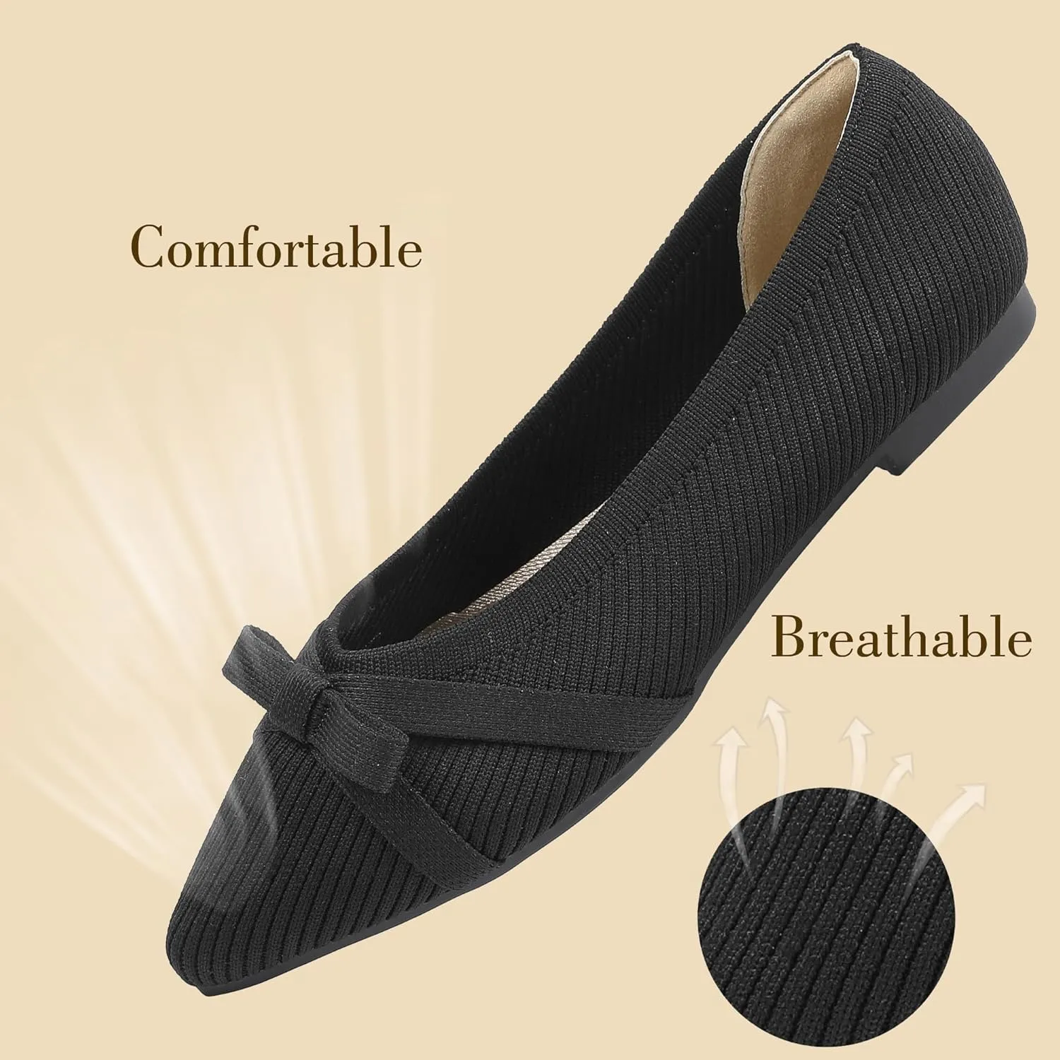 Ballet Flats Shoes for Women - Comfortable Casual Dressy Classic Softable Pointed Toe Bow Knit Work Office Shoe