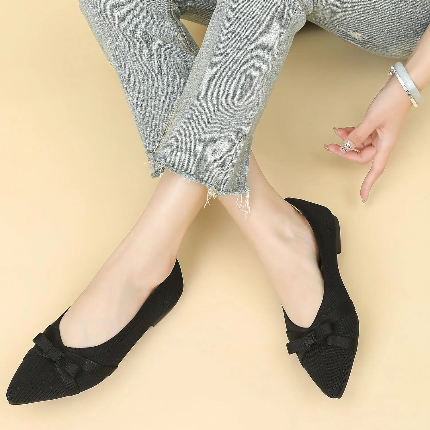 Ballet Flats Shoes for Women - Comfortable Casual Dressy Classic Softable Pointed Toe Bow Knit Work Office Shoe