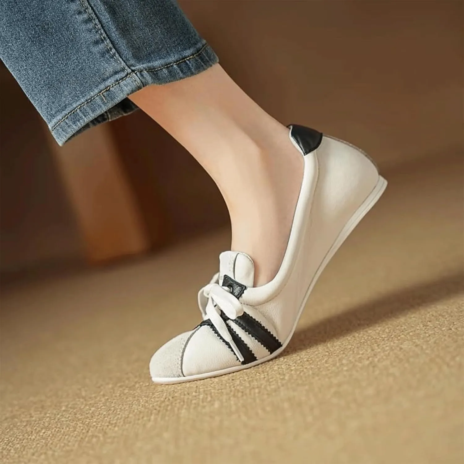 Ballet Sneakers for Woman Leather Trendy Lace Up Ballerina Flats Round Toe Fancy Walking Office Ballet Shoes 2025 Spring Summer Casual Daily Comfortable Footwear