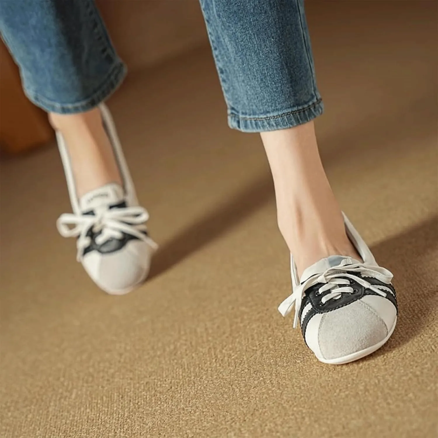 Ballet Sneakers for Woman Leather Trendy Lace Up Ballerina Flats Round Toe Fancy Walking Office Ballet Shoes 2025 Spring Summer Casual Daily Comfortable Footwear