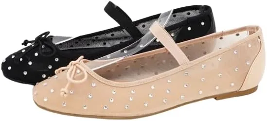 BAMBOO® Women's Studded Mesh Ballet Flats with Bow Detail