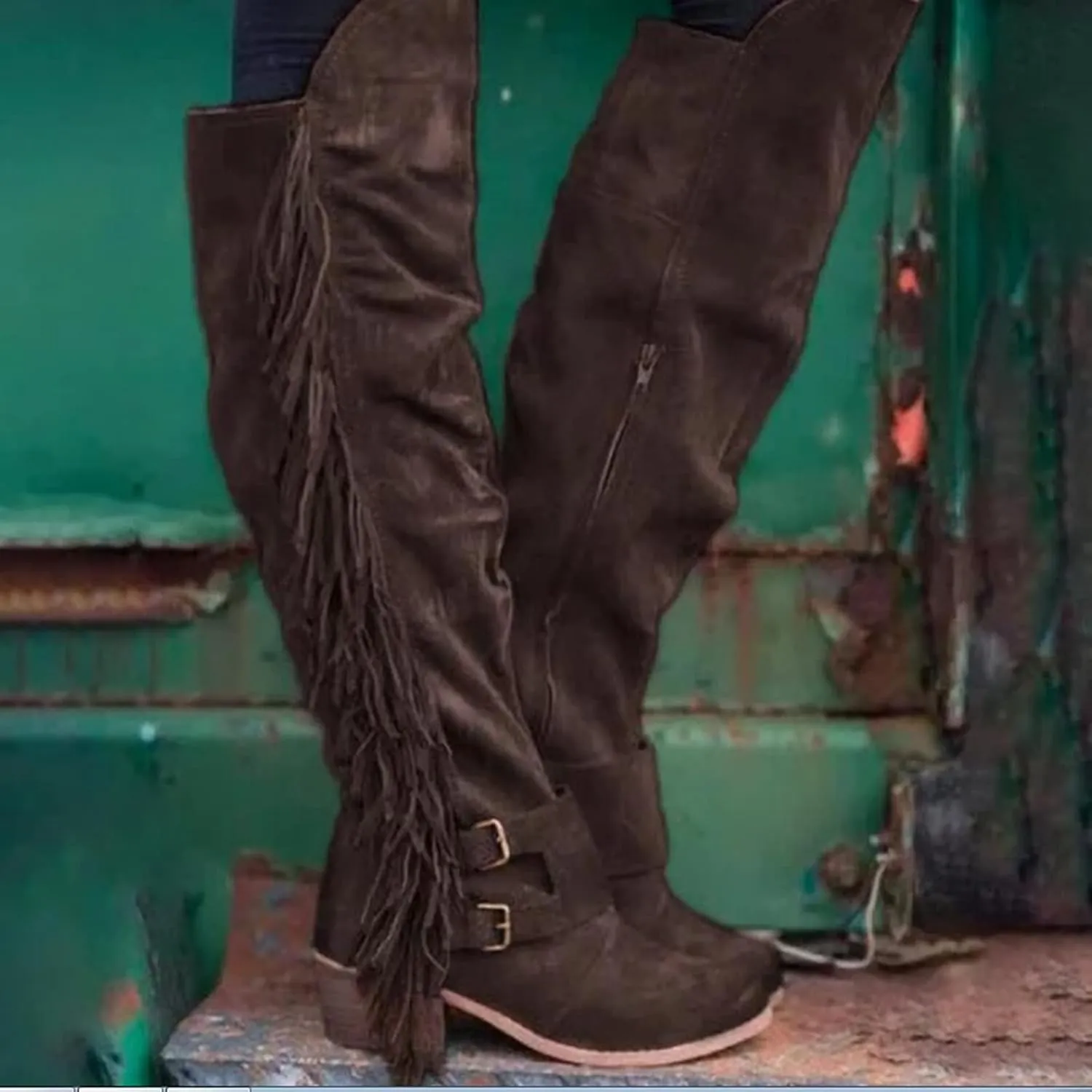 Bcshiye Women's Knee High Boots Casual Over The Knee Retro Tassel Moccasin Square Low Heel Zipper Western Long Booties