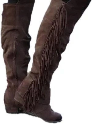 Bcshiye Women's Knee High Boots Casual Over The Knee Retro Tassel Moccasin Square Low Heel Zipper Western Long Booties