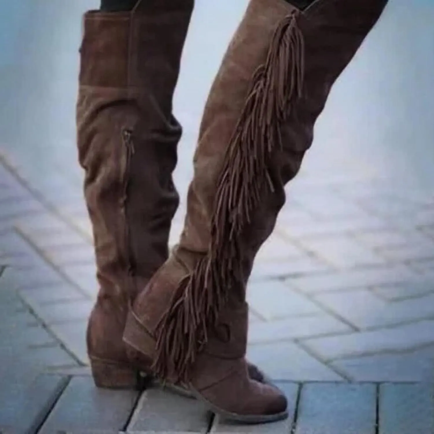 Bcshiye Women's Knee High Boots Casual Over The Knee Retro Tassel Moccasin Square Low Heel Zipper Western Long Booties