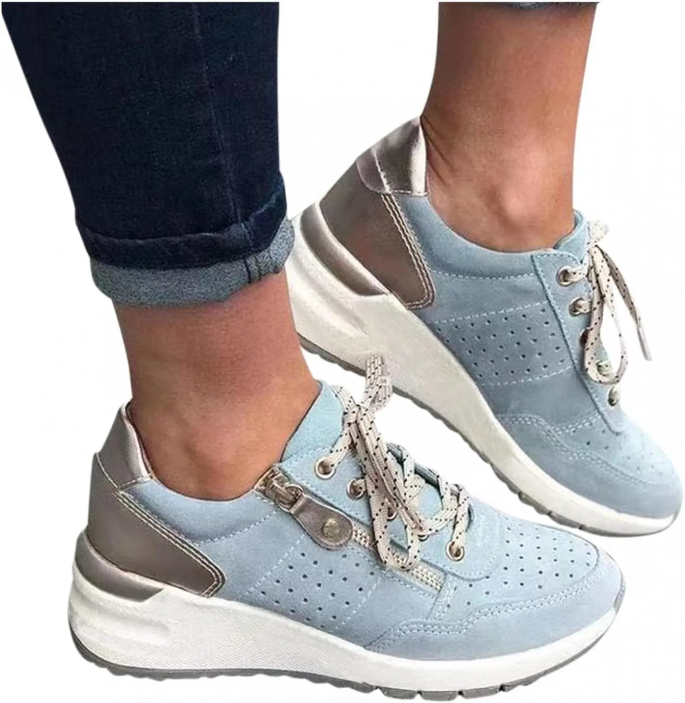 Bcshiye Women's Running Shoes Lace Up Breathable Walking Sneakers Low Top Hidden Sneakers Wedge Sneakers for Women