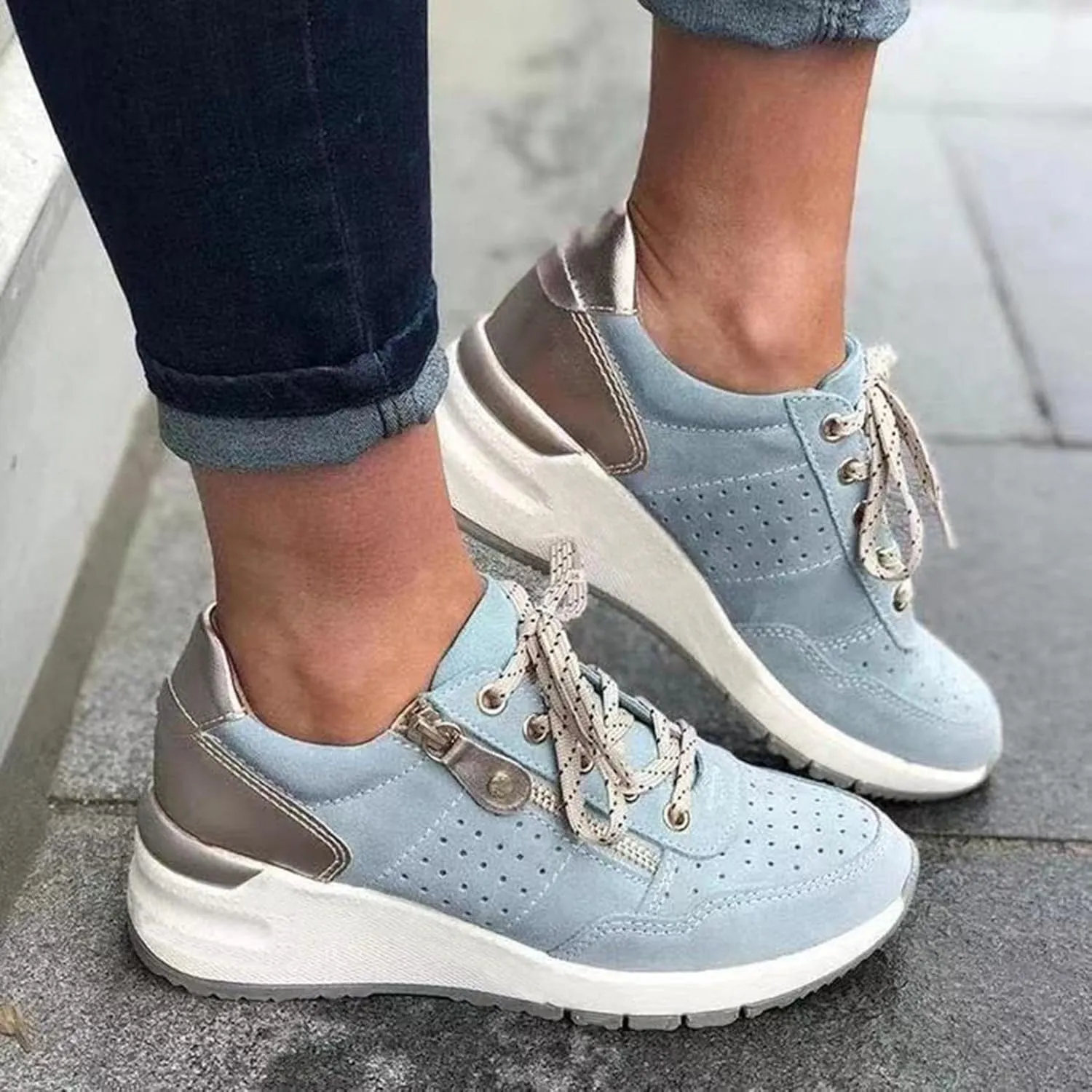 Bcshiye Women's Running Shoes Lace Up Breathable Walking Sneakers Low Top Hidden Sneakers Wedge Sneakers for Women