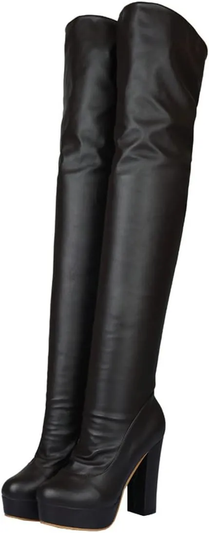 BEAUPAS Women's Chunky Heel Platform High Heel Thigh High Boots Block Heel Over The Knee Boots Round Toe Gothic Shoes