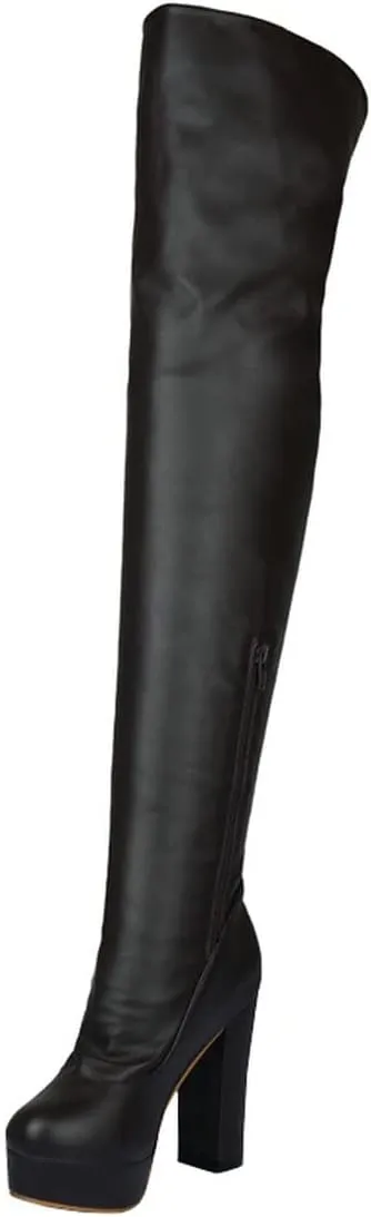 BEAUPAS Women's Chunky Heel Platform High Heel Thigh High Boots Block Heel Over The Knee Boots Round Toe Gothic Shoes