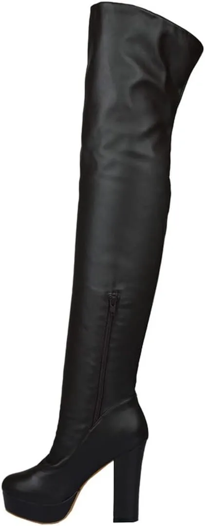 BEAUPAS Women's Chunky Heel Platform High Heel Thigh High Boots Block Heel Over The Knee Boots Round Toe Gothic Shoes