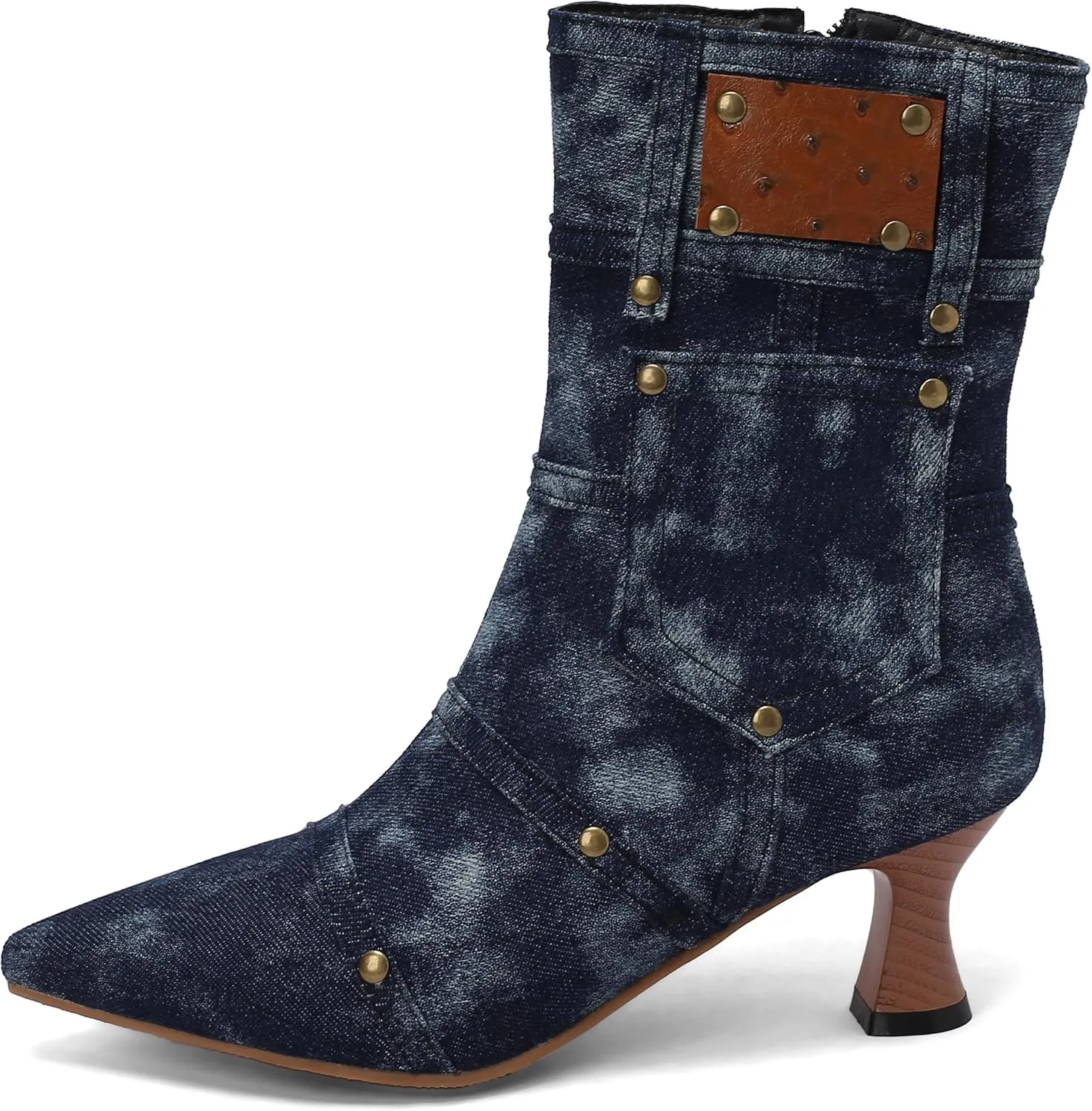 BEAUPAS Women's Denim Kitten Heel Boots Pointed Toe Low Heel Ankle Boots Chunky Vintage Zip Shoes