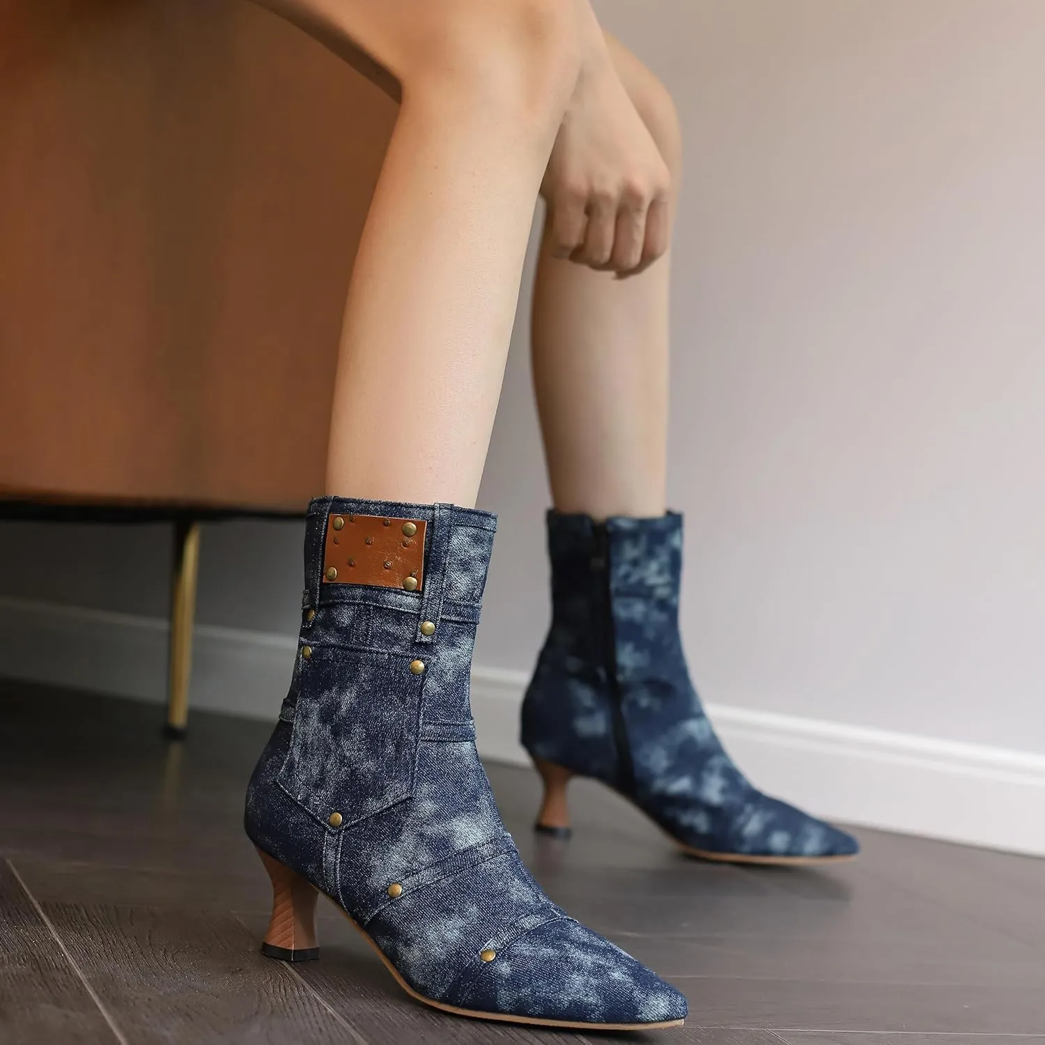 BEAUPAS Women's Denim Kitten Heel Boots Pointed Toe Low Heel Ankle Boots Chunky Vintage Zip Shoes