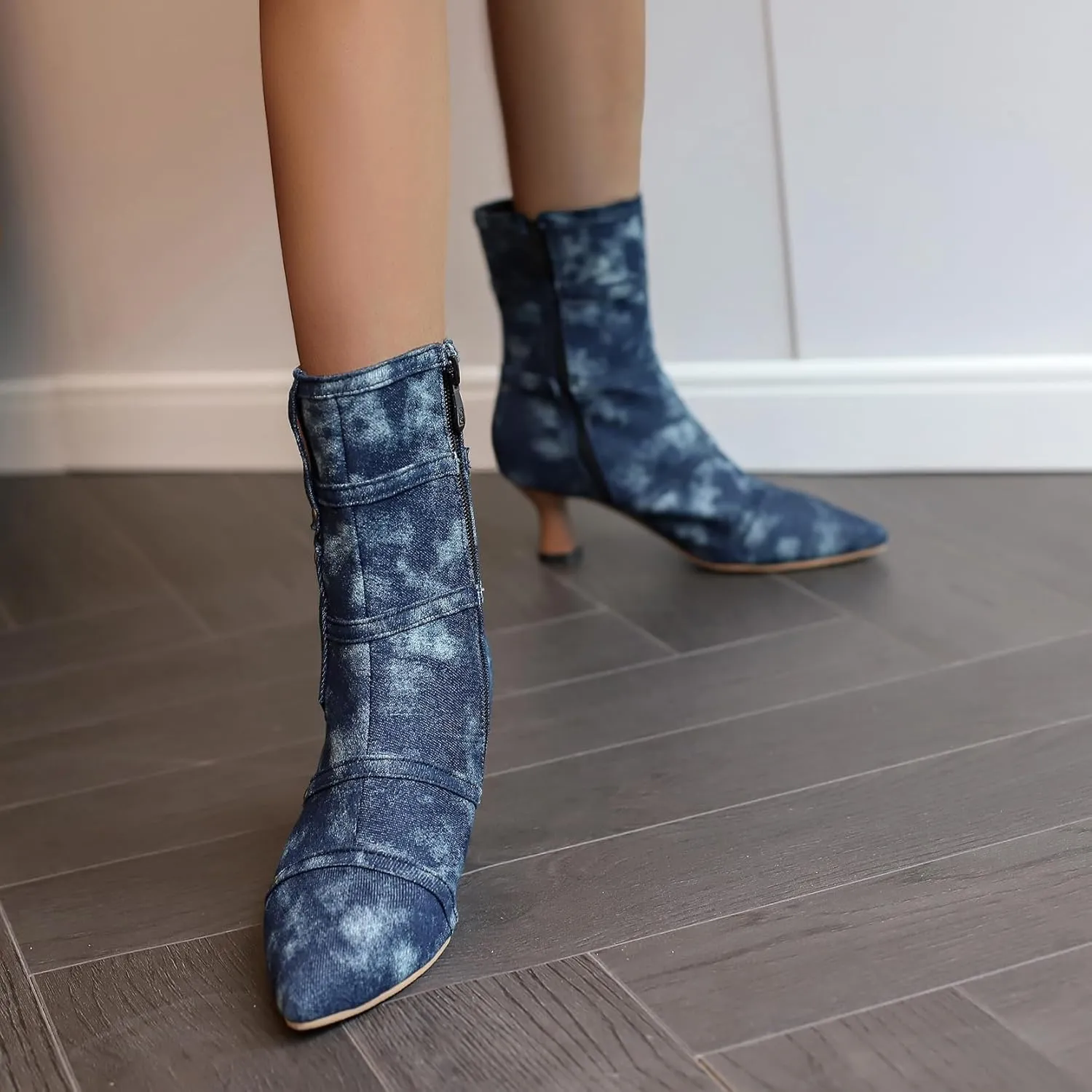 BEAUPAS Women's Denim Kitten Heel Boots Pointed Toe Low Heel Ankle Boots Chunky Vintage Zip Shoes