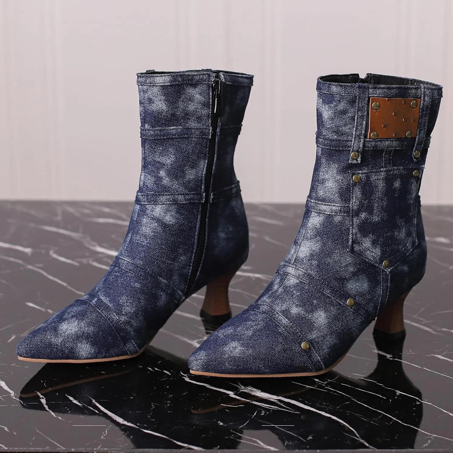 BEAUPAS Women's Denim Kitten Heel Boots Pointed Toe Low Heel Ankle Boots Chunky Vintage Zip Shoes