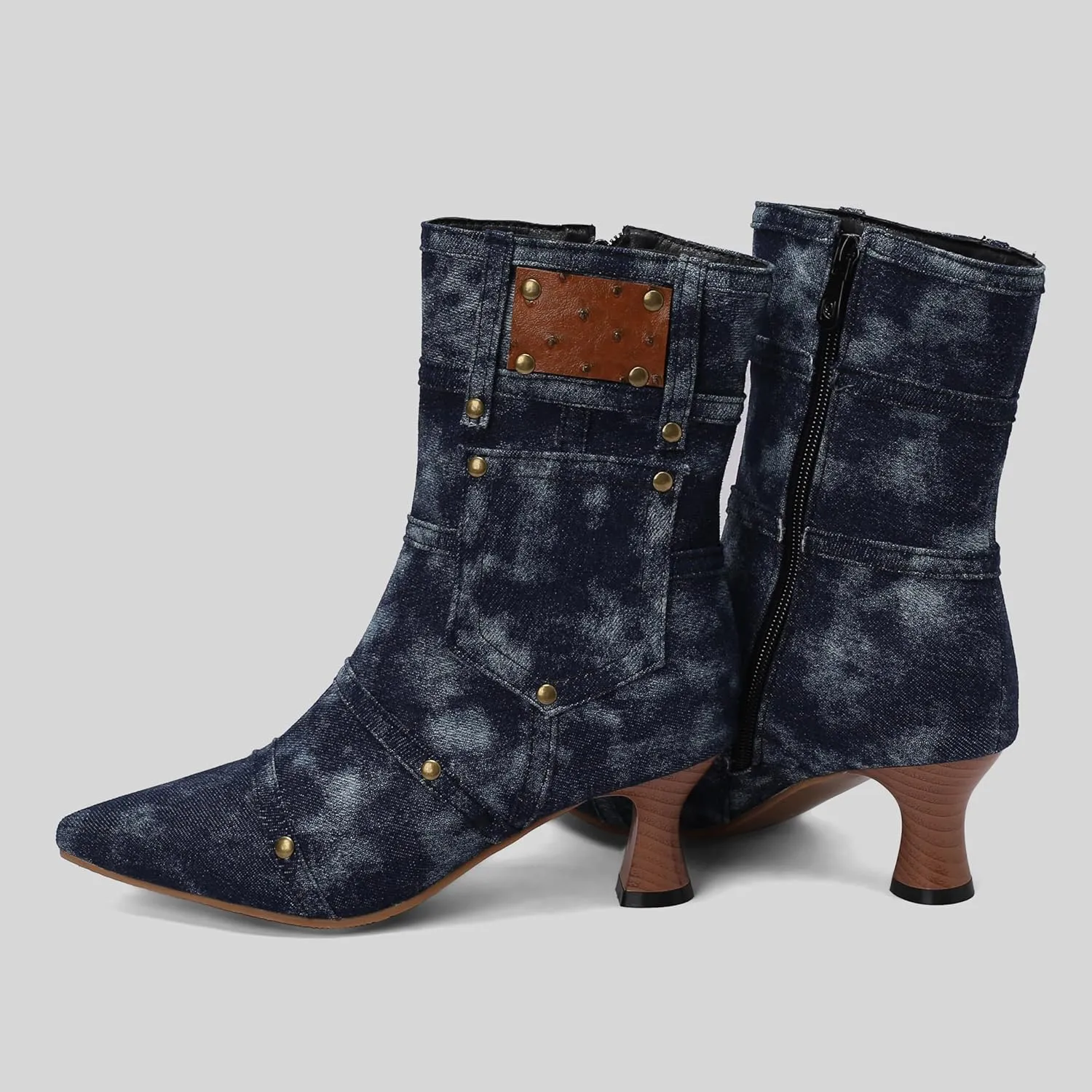 BEAUPAS Women's Denim Kitten Heel Boots Pointed Toe Low Heel Ankle Boots Chunky Vintage Zip Shoes
