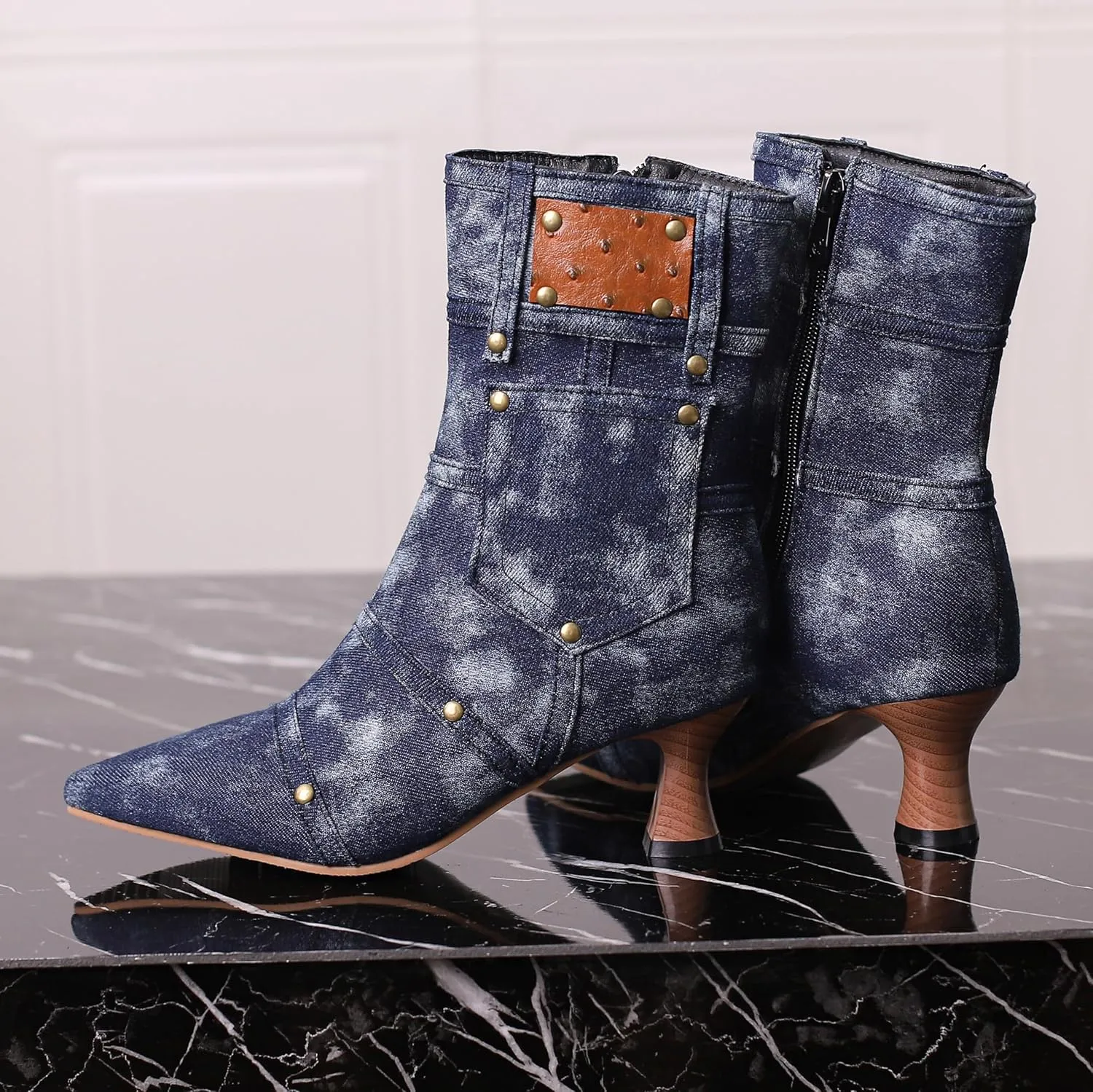 BEAUPAS Women's Denim Kitten Heel Boots Pointed Toe Low Heel Ankle Boots Chunky Vintage Zip Shoes