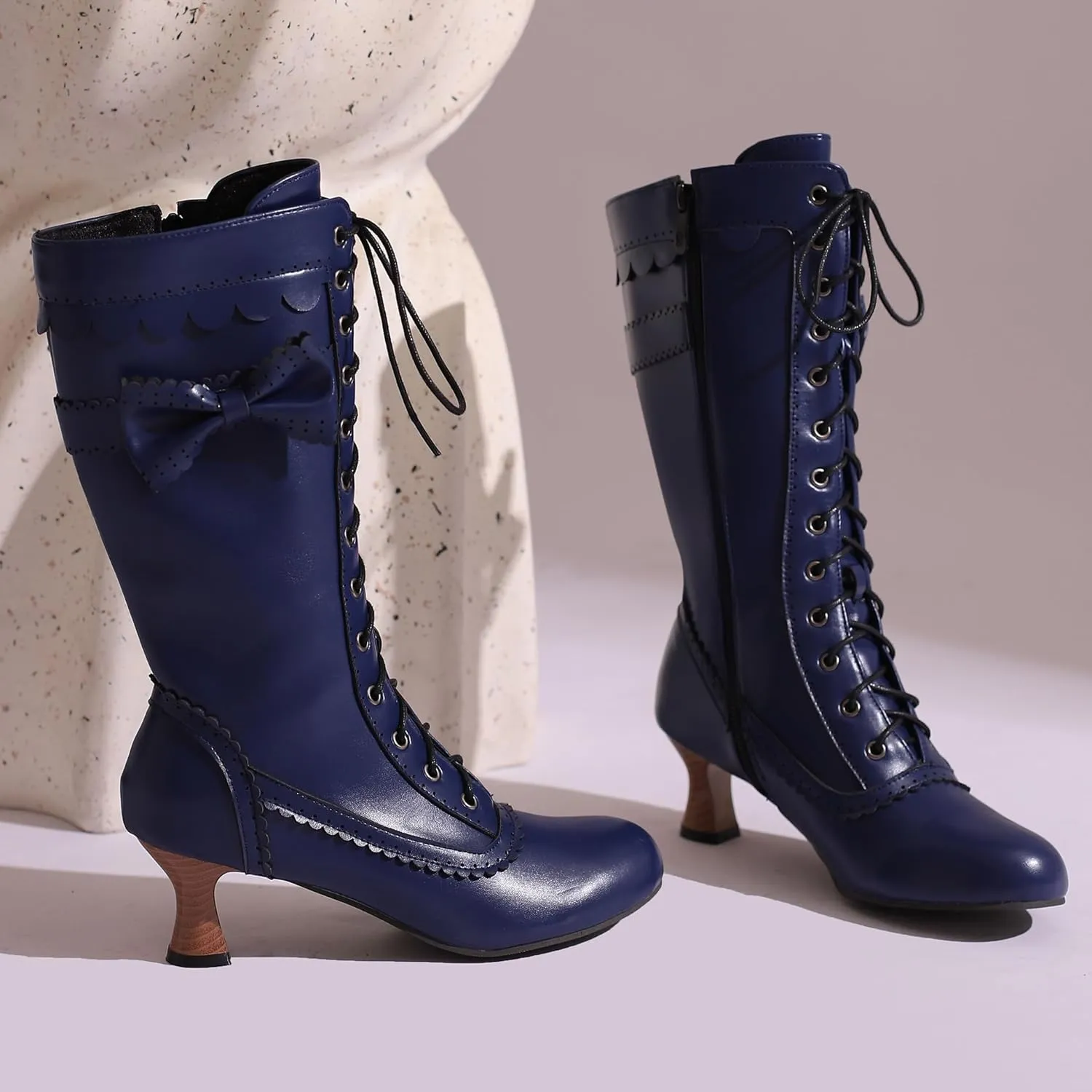 BEAUPAS Women's Mid Calf Boots Victorian Boots Lace Up Chunky Kitten Heel Round Toe Boots Vintage Low High Heels Goth Wedding Dress Granny Boots Zipper Sweet Bow Kawaii Boots