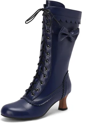 BEAUPAS Women's Mid Calf Boots Victorian Boots Lace Up Chunky Kitten Heel Round Toe Boots Vintage Low High Heels Goth Wedding Dress Granny Boots Zipper Sweet Bow Kawaii Boots