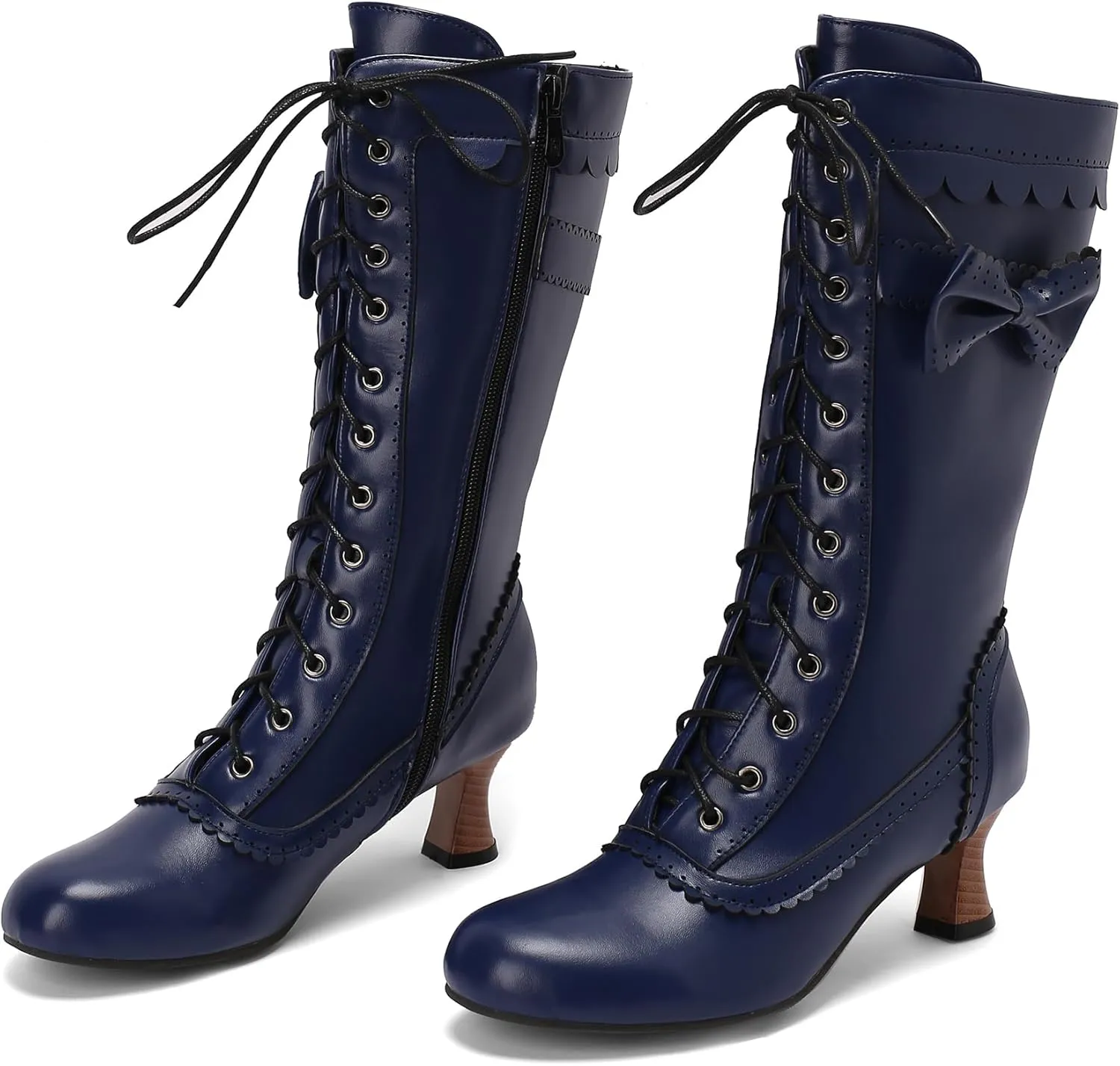 BEAUPAS Women's Mid Calf Boots Victorian Boots Lace Up Chunky Kitten Heel Round Toe Boots Vintage Low High Heels Goth Wedding Dress Granny Boots Zipper Sweet Bow Kawaii Boots