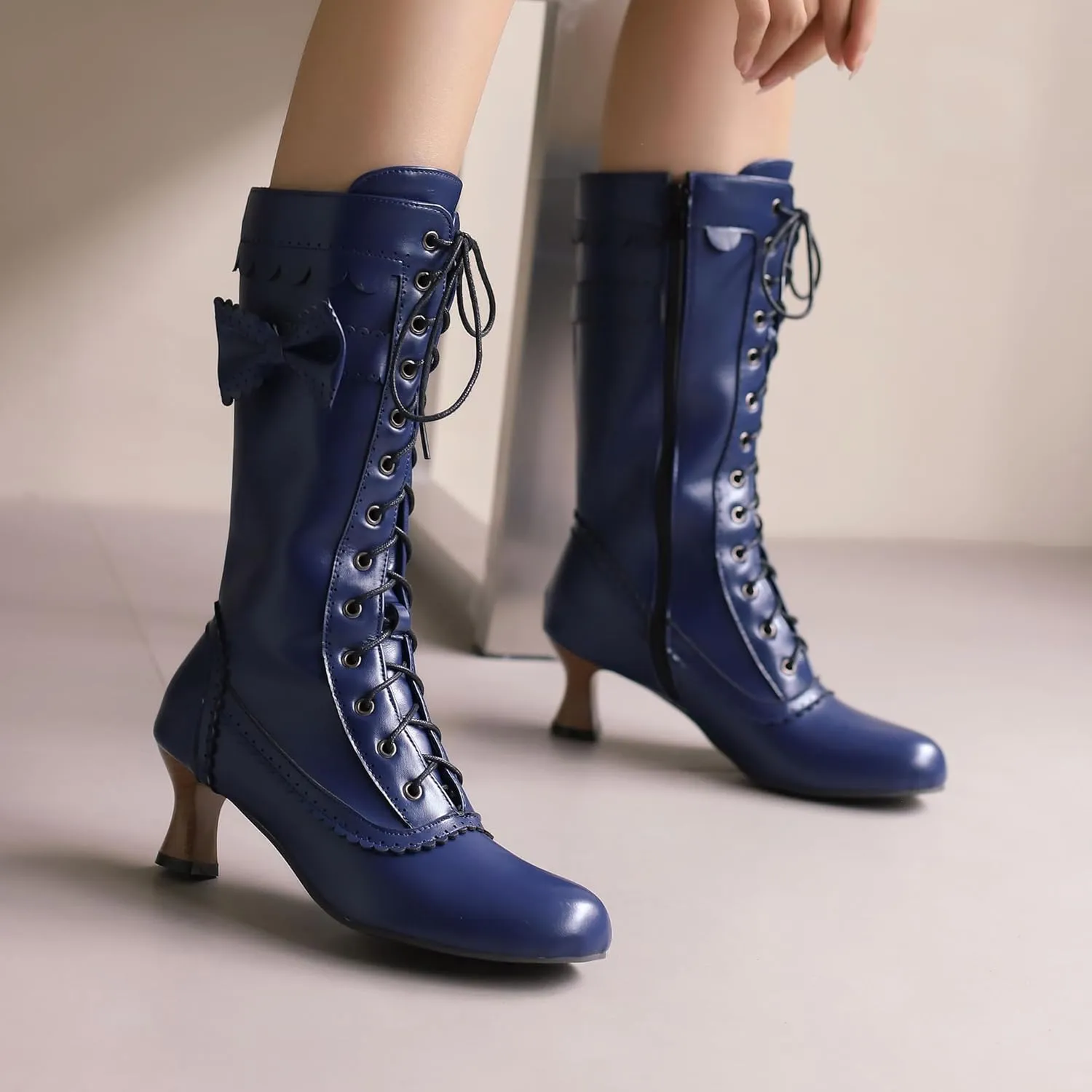 BEAUPAS Women's Mid Calf Boots Victorian Boots Lace Up Chunky Kitten Heel Round Toe Boots Vintage Low High Heels Goth Wedding Dress Granny Boots Zipper Sweet Bow Kawaii Boots
