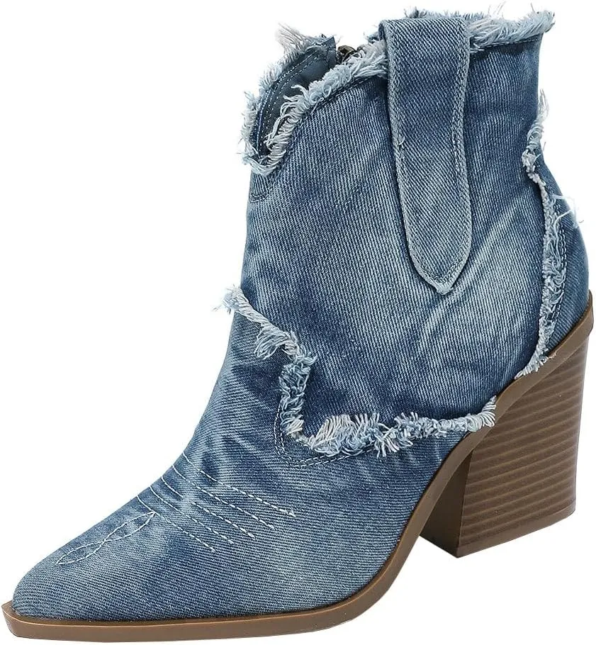 Betastella Womens Denim Embroidered Western Cowboy Boots Pointed Toe Chunky Heel Fringe Ankle Jeans Boots Vintage Cowgirl Booties