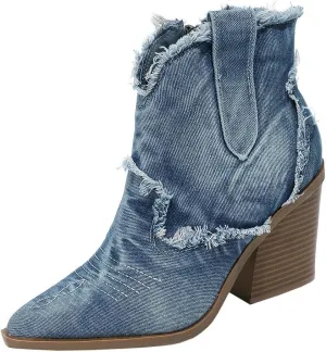 Betastella Womens Denim Embroidered Western Cowboy Boots Pointed Toe Chunky Heel Fringe Ankle Jeans Boots Vintage Cowgirl Booties