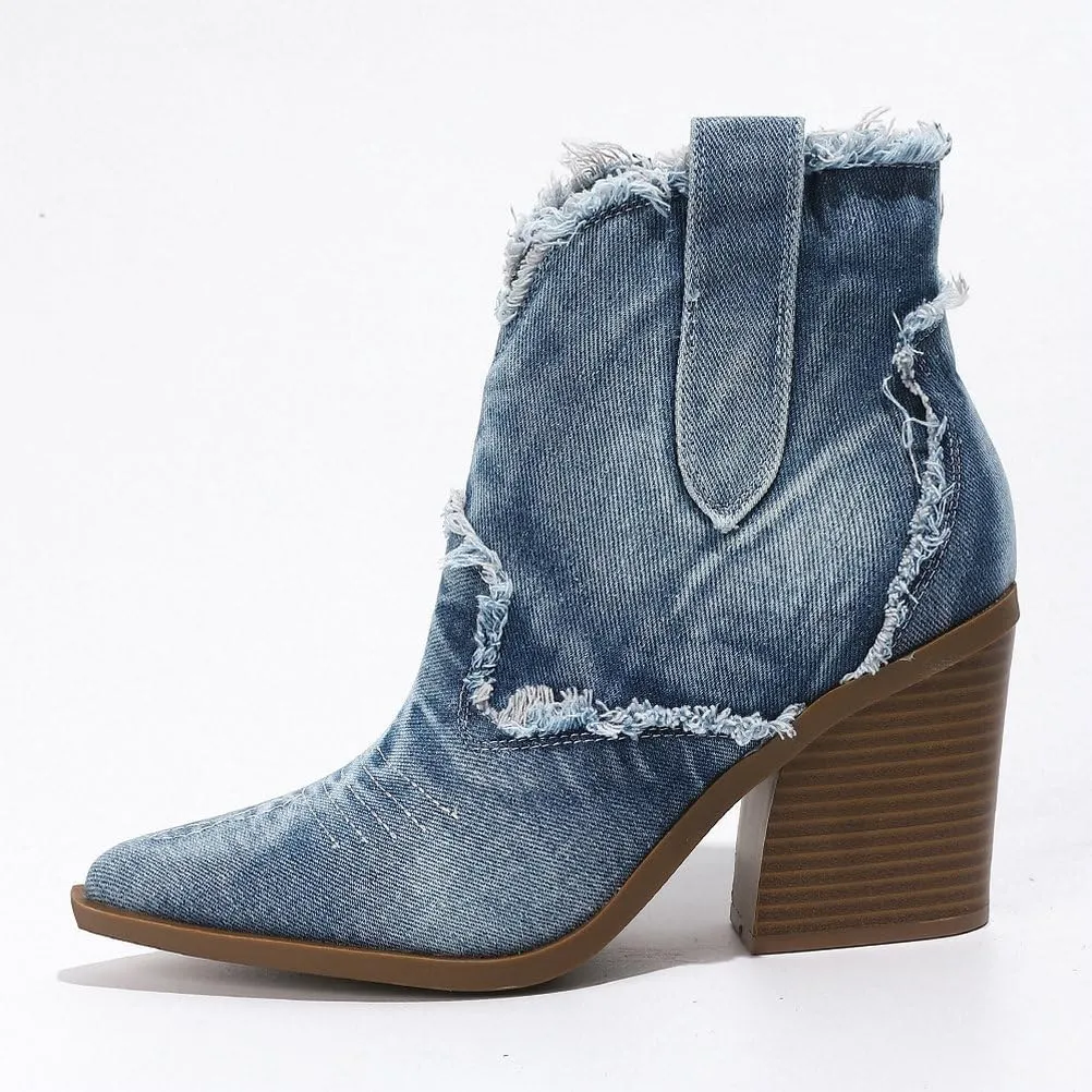Betastella Womens Denim Embroidered Western Cowboy Boots Pointed Toe Chunky Heel Fringe Ankle Jeans Boots Vintage Cowgirl Booties