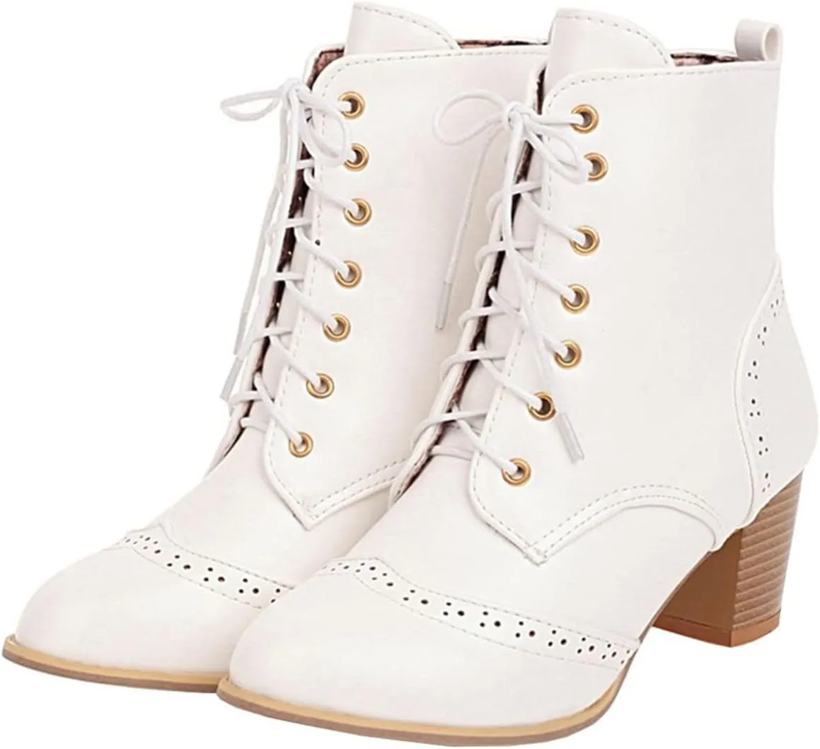Betastella Women's Lace Up Booties Chunky Heel Ankle Boots Side Zip Short Boots Dress Shoes