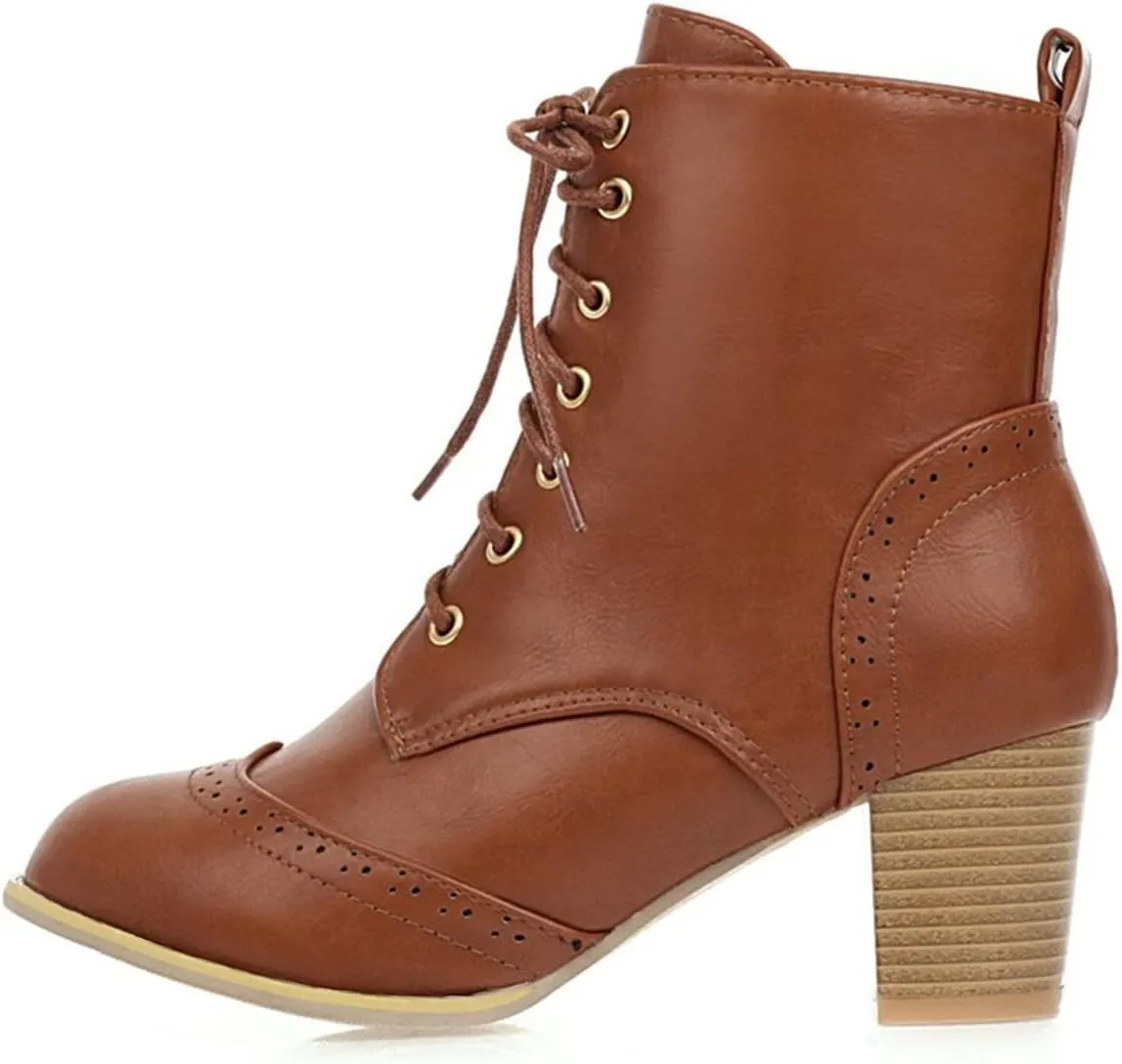Betastella Women's Lace Up Booties Chunky Heel Ankle Boots Side Zip Short Boots Dress Shoes