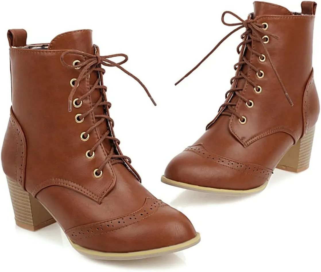 Betastella Women's Lace Up Booties Chunky Heel Ankle Boots Side Zip Short Boots Dress Shoes