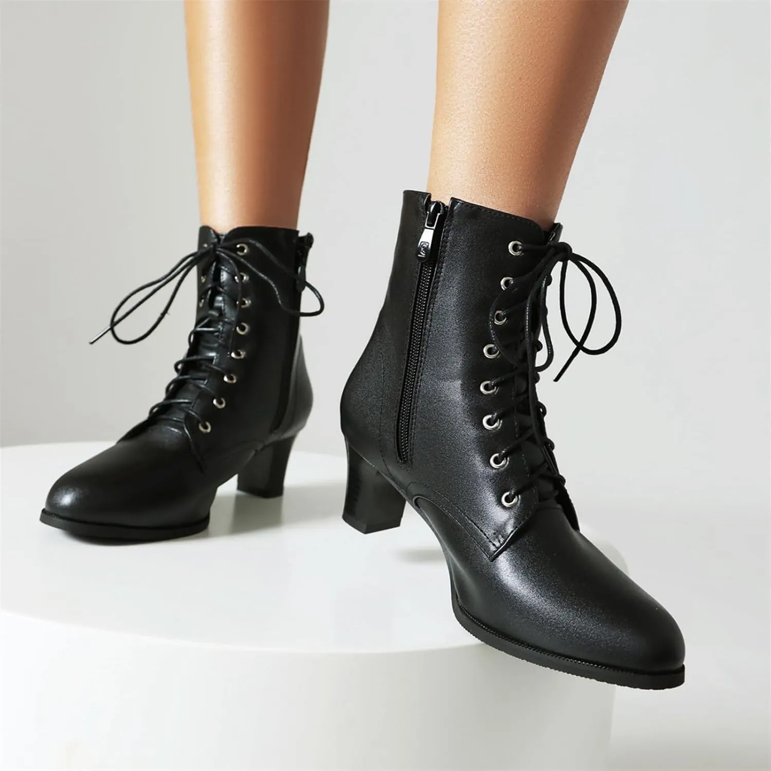 Betastella Women's Lace Up Booties Chunky Heel Ankle Boots Side Zip Short Boots Dress Shoes