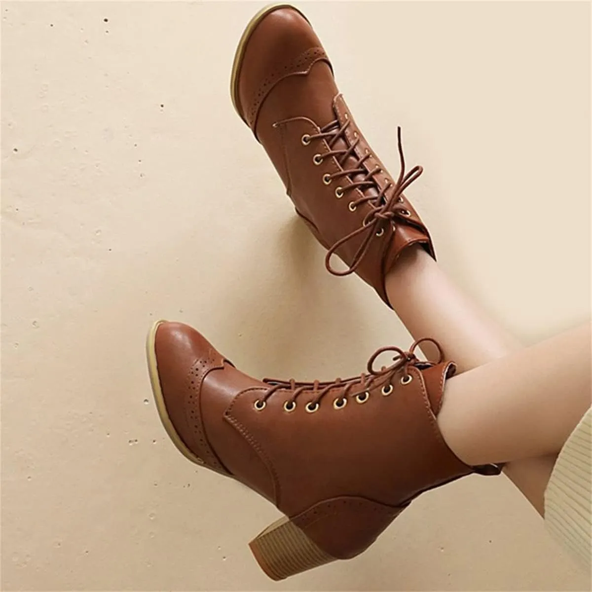 Betastella Women's Lace Up Booties Chunky Heel Ankle Boots Side Zip Short Boots Dress Shoes