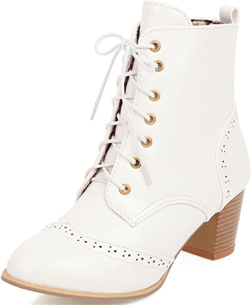 Betastella Women's Lace Up Booties Chunky Heel Ankle Boots Side Zip Short Boots Dress Shoes