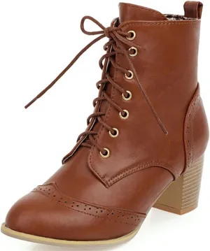 Betastella Women's Lace Up Booties Chunky Heel Ankle Boots Side Zip Short Boots Dress Shoes