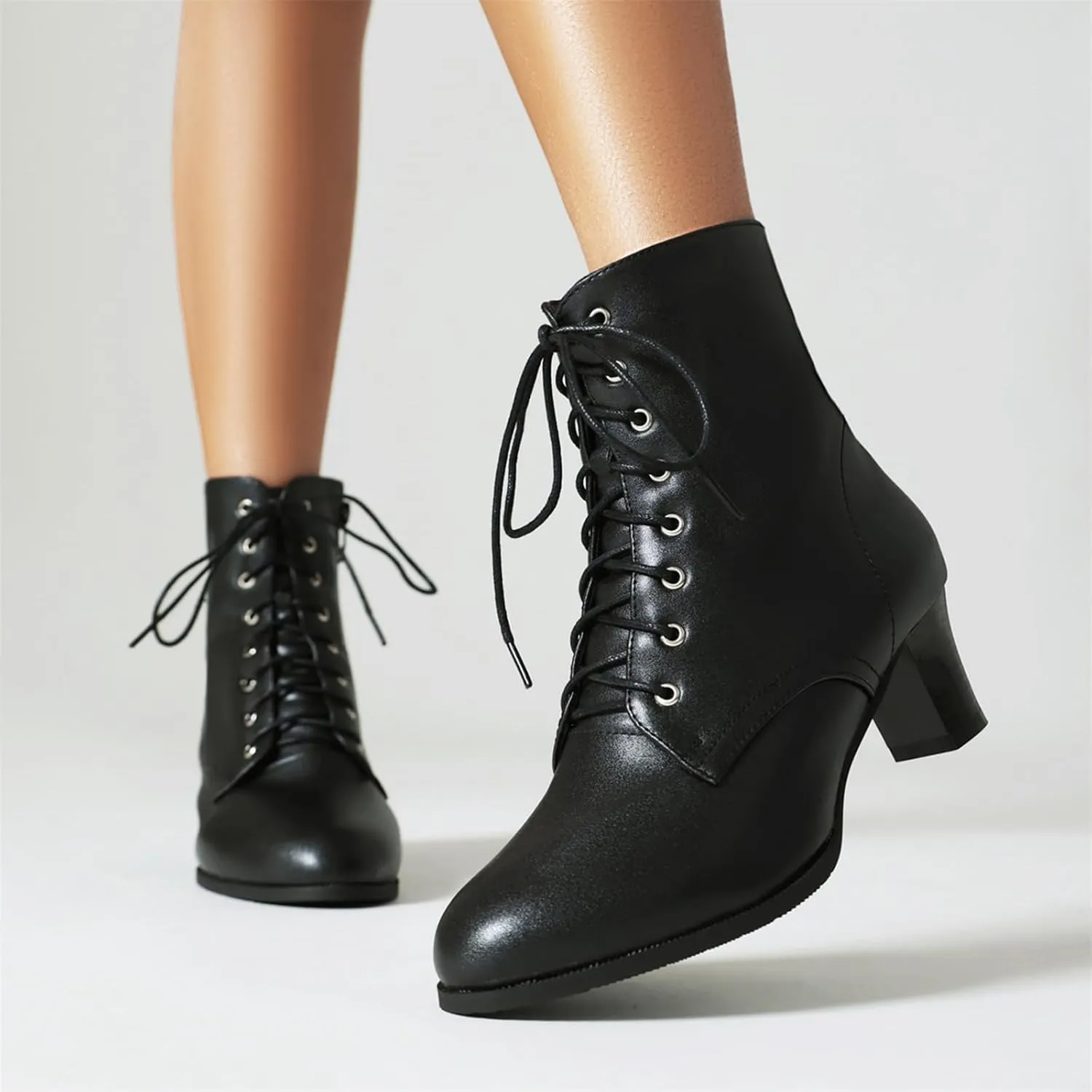 Betastella Women's Lace Up Booties Chunky Heel Ankle Boots Side Zip Short Boots Dress Shoes